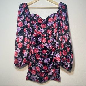 Oh Polly Black Floral Pink Purple Roses Bustier Satin Dress Womens 4